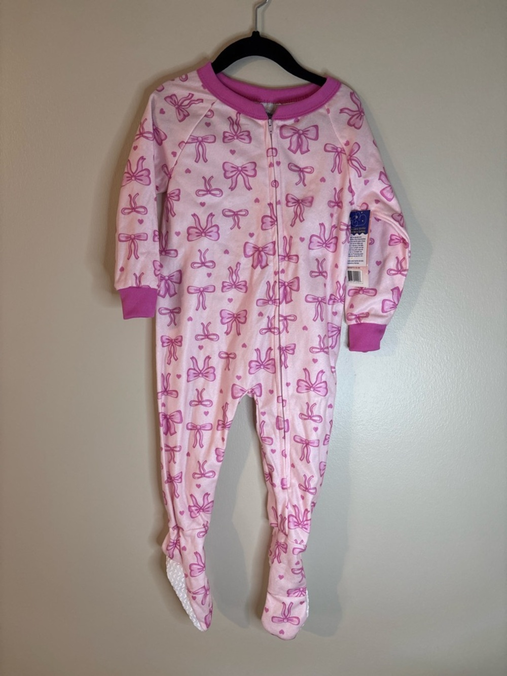 Girl’s Pink Bow-Print Zip Front One-Piece Pajamas